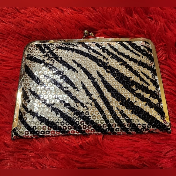 Black and Silver Zebra Print Sequined Wallet Clutch - Picture 2 of 10